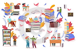 Students read book for education knowledge vector illustration. People character study in library, books stack and photo