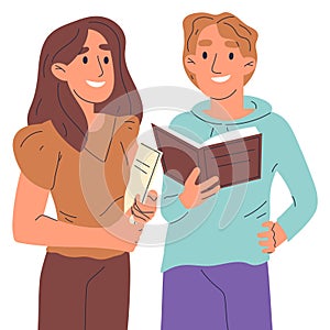 Students reading books, high school or college students with books. People holding educational literature, young couple reading