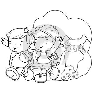 Students return from school. Vector black and white coloring page