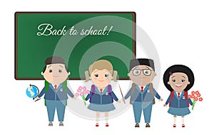 Students, schoolchildren against a chalkboard background, back t