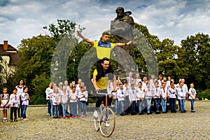 Students section of artistic cycling show stunts