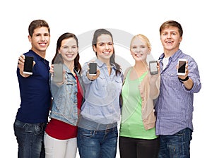 Students showing blank smartphones screens