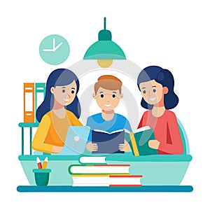 Students Studying Together: Books, Laptop, and Focused Learning Environment Illustration