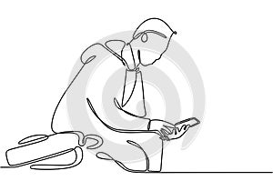 Students with tablets or e-books in continuous line drawing. Accessibility and innovation in learning concept photo