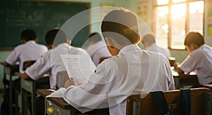 Students Taking Exam in Classroom with Natural Sunlight Education