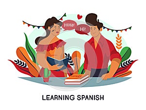 Students talk or learning spanish language, banner