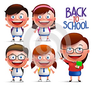 Students and teacher vector character set of boys and girls in uniforms