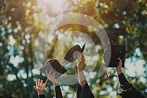 Students throwing graduation hats in the air