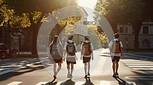 Students in Uniforms and Backpacks Cross the Road on Their Journey to School. Generative AI