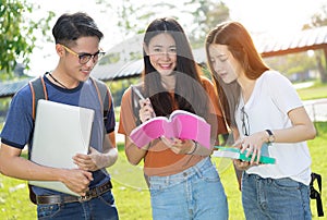 Students university asian together reading book