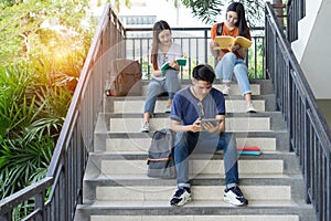 Students university asian together reading book study