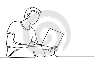 Students using laptops in continuous line drawing. Technology in modern learning environments concept photo