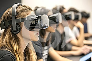 Students using virtual reality headsets in computer class