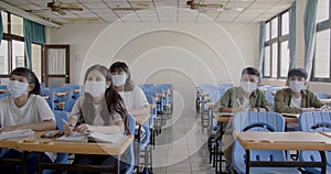 Students wearing  protection mask to prevent germ, virus and PM 2.5 micron in classroom