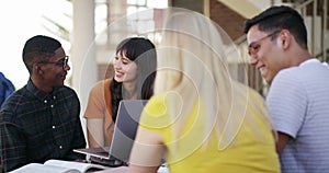 Students, woman studying and learning at university, college or education campus with laptop and happy face or portrait