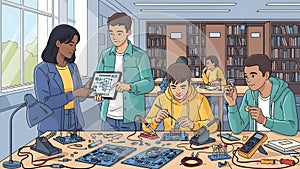 Students Working on Electronics Project in Library