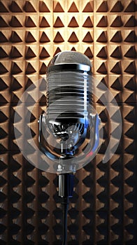 Studio ambiance Silver retro microphone against soundproof studio walls