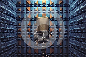 Studio ambiance Silver retro microphone against soundproof studio walls