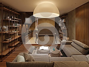 Studio apartment with a living room and kitchen area, in brown and beige color, a modern corner sofa and a large round designer