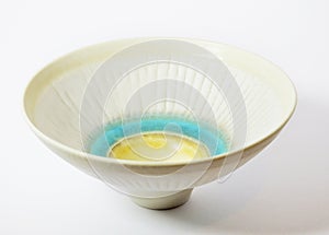 studio art pottery bowl peter wills manganese glaze yellow blue british english rare lucie rie