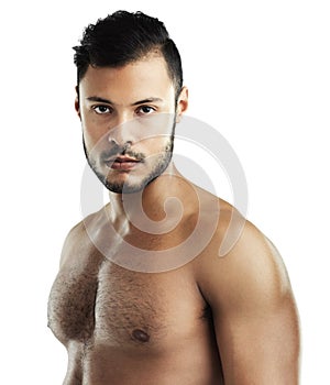 Studio, athlete and portrait of man, serious and abs from exercise, workout and gym for fitness. White background, body