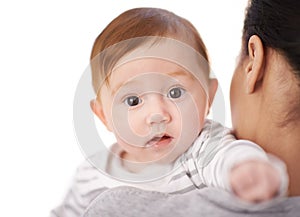Studio, baby and portrait of infant with mother for adoption, care and bonding with child for development. Newborn