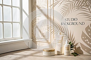 Studio wall backdrop with leaf shadow and beige interior