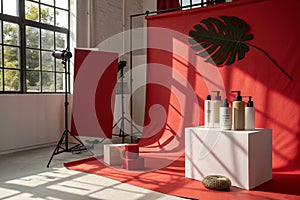 Wall interior with red background and leaf shadow