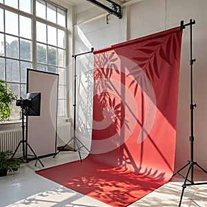 Wall interior with red background and leaf shadow