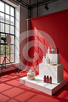 Wall interior with red background and leaf shadow