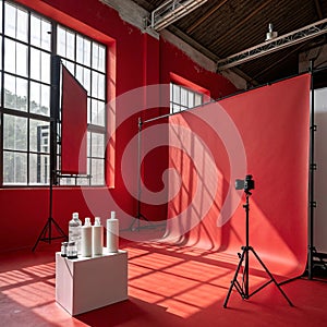 Wall interior with red background and leaf shadow