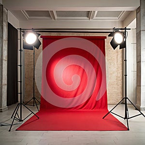 Studio background, backdrop with wall and floor. Light spot on a red fabric background