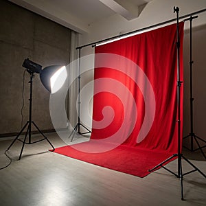 Studio background, backdrop with wall and floor. Light spot on a red fabric background