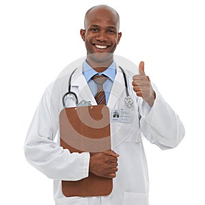 Studio, black man and portrait of happy doctor with thumbs up for good medical results, medicine report or agreement