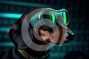 Studio close-up photo shot of a Funny Dachshund dog wearing fancy green goggles. Generative AI