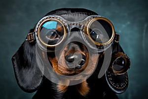 Studio close-up photo shot of a Funny Dachshund dog wearing fancy pilot goggles. Generative AI