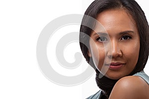 Studio close up portrait of beautiful woman face with copyspace isolated on white background