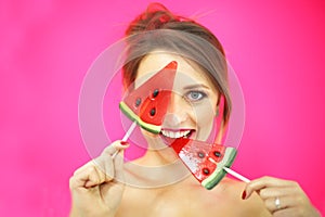 Studio closeup colorful portrait of young funny fashion girl posing on blue pink background in summer style outfit