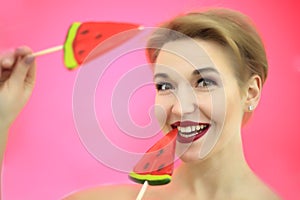 Studio closeup colorful portrait of young funny fashion girl posing on blue pink background in summer style outfit