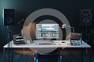 Studio Computer Music Station. Professional audio mixing console. 3d rendering. photo