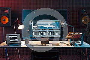 Studio Computer Music Station set up. Professional audio mixing console. 3d rendering.