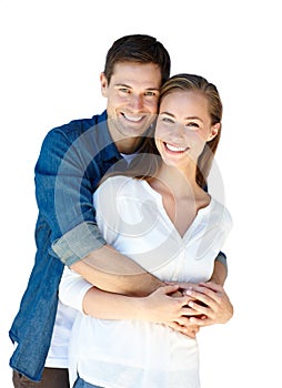 Studio, couple and portrait in embrace for love, marriage and romance or care on white background. Happy people, hug and