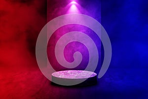 Studio dark room stone stage or podium with fog or mist and lighting effect red and blue on concrete floor grunge texture backgrou