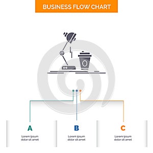 studio, design, coffee, lamp, flash Business Flow Chart Design with 3 Steps. Glyph Icon For Presentation Background Template Place