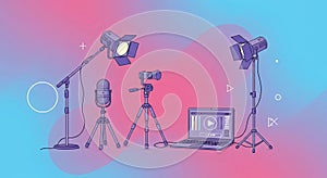 Studio equipment illustration with a microphone on a stand, video camera on a tripod,