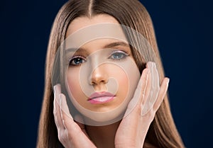 Studio, face, blue contact lenses, hands, close up, sad