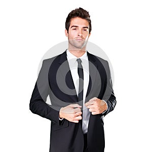 Studio, fashion and man serious in tuxedo, formal evening wear or elegant outfit isolated on white background. Suit