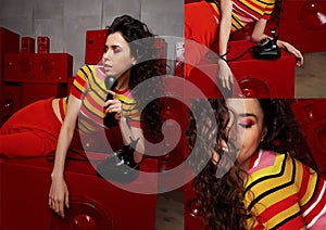 Studio fashion shooting.The girl in a bright outfit, top and pants flared in red and orange tones. Brunette with curly