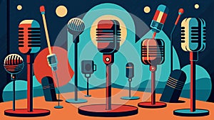 A studio filled with vintage microphones capturing every subtle nuance of a singers voice. Vector illustration. photo