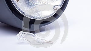 Studio flash,small halogen lamp, pilot light closeup